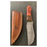 Handcrafted Damascus Steel Knife full tang with Custom Leather Sheath approx 8 inches