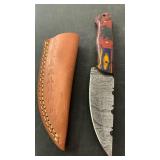 Handcrafted Damascus Steel Hunting Knife full tang with leather sheath approx 8.5 inches