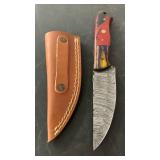 Handcrafted Damascus Steel Hunting Knife full tang with leather sheath approx 8.5 inches