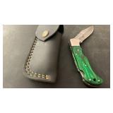 Handcrafted Damascus Steel folding Knife with sheath approx 6.5 inches when open