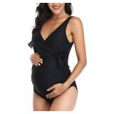 Maternity Swimsuit One Piece Tie Front Bathing Suit V Neck Pregnancy Swimwear High Cut Black M DP60