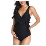 Maternity Swimsuit One Piece Tie Front Bathing Suit V Neck Pregnancy Swimwear High Cut Black M DP60
