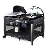 Retails $170! Pamo Babe 4 in 1 Portable Baby Crib Deluxe Nursery Center, Foldable Travel Playard with Bassinet, Mattress, Changing Table for Newborn, Infant, Toddler(Black)