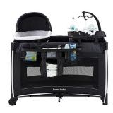Retails $170! Pamo Babe 4 in 1 Portable Baby Crib Deluxe Nursery Center, Foldable Travel Playard with Bassinet, Mattress, Changing Table for Newborn, Infant, Toddler(Black)