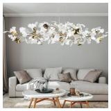 Retails for $896! 59 Inch White Rectangle Chandelier Gold Ceramic Ginkgo Leaf Chandeliers Brass Large Chandelier Modern Hanging Lights Fixture for Living Room Dining Room Kitchen Island,10-Light