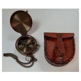 Brass Pocket Compass Hand Made Fully Functional Compass Antique Nautical Replica Item with Leather Case.