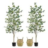 Artificial Eucalyptus Tree 6FT, Faux Tree for Indoor Outdoor, Potted Plants with Planter and Basket, Lifelike Silk Plants with Natural Wood Trunk, Home Office Greenery Decor, 2 Pack