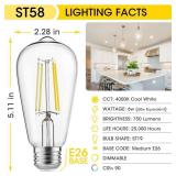 Gozelux Edison Light Bulbs 60W Equivalent, Dimmable Vintage LED Light Bulbs, E26 Medium Base, Cool White 4000K, ST58, 6W, 750LM, 90+ CRI, Antique Decorative Filament LED Bulb, Clear Glass, Pack of 4