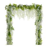Lvydec Wisteria Artificial Flowers Garland, 4Pcs Total 28.8ft White Artificial Wisteria Vine Silk Hanging Flower for Home Garden Outdoor Ceremony Wedding Arch Floral Decor