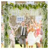 Lvydec Wisteria Artificial Flowers Garland, 4Pcs Total 28.8ft White Artificial Wisteria Vine Silk Hanging Flower for Home Garden Outdoor Ceremony Wedding Arch Floral Decor
