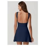 QINSEN Boat Neck Athletic Dress for Women Built in Shorts Pocket Flare Quickly Dry Exercise Dress Navy S
