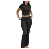 ANRABESS Lounge Sets for Women 2 Piece Foldover Yoga Flare Leggings Pants Crop Tops Casual Y2K Outfits Matching Tracksuit Set Black Medium