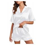 Ekouaer Womens Satin Pajamas Set Button Down Silk 2 Piece Pj Sets Ruffled Short Sleeve Sleepwear, White, M (Top Has Damage)
