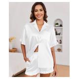 Ekouaer Womens Satin Pajamas Set Button Down Silk 2 Piece Pj Sets Ruffled Short Sleeve Sleepwear, White, M (Top Has Damage)