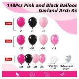HKYOOD 148Pcs Pink and Black Balloons Garland Arch Kit - 5 10 12 18 inch Hot Pink Black Light Pink Metallic Pink Latex Balloon for Birthday Baby Shower Bridal Shower Wedding Princess Party Decorations