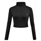 Herou Women Long Sleeve Crop Top Turtleneck Soft Lightweight Basic Slim Fit Tops Black X-Small
