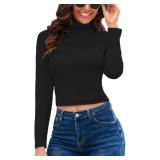 Herou Women Long Sleeve Crop Top Turtleneck Soft Lightweight Basic Slim Fit Tops Black X-Small