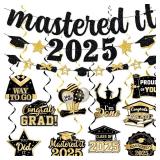 Black and Gold Masters Graduation Decorations 2025, Mastered It 2025 Banner and Congrats Grad Hanging Swirls Decorations, Class of 2025 Hanging Swirls for High School Graduation Party Supplies