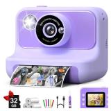 Kids Camera Instant Print, Christmas Birthday Gifts for Girls and Boys, 1080P HD Video Digital Kids Camera with 32G Card, Toddler Camera for 3-12 Years Old, Purple