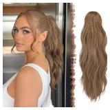 FESHFEN Ponytail Extensions, Long Claw Clip in Ponytail Hairpiece Synthetic Pony Tails Hair Piece Natural Wavy Hairpieces for Women, 20 inch Light Brown Mix Natural Blonde