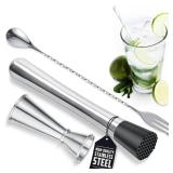 3 Pcs Muddler for Cocktails Set - Bar Muddler Tool with Sturdy Head, Versatile Cocktail Spoon & Jigger, Easy to Use & Clean, Stylish Rust-Resistant Stirring Tool - Bar Tools for Drinks Mixing