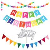 Happy Birthday Banner with Cake Topper, Rainbow Birthday Banner, Circle Paper Garland with Triangle Flags for Birthday Party Supplies, Happy Birthday Decorations
