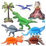 WERNNSAI 8 PCS Watercolor Dinosaur Party Honeycomb Centerpieces - Dinosaur Birthday Table Decorations for Kids Boys Dino Themed Party Supplies Table Toppers 3D T-Rex Volcano Centerpieces Decors