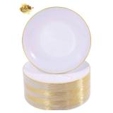 Nervure 50Pieces White with Gold Rim Plastic Plates - 7.5inch Disposable Gold Salad/Dessert Plate - White and Gold Plastic Plates Ideal for Wedding & Party & Thanksgiving
