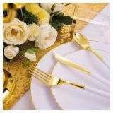 Nervure 50Pieces White with Gold Rim Plastic Plates - 7.5inch Disposable Gold Salad/Dessert Plate - White and Gold Plastic Plates Ideal for Wedding & Party & Thanksgiving