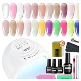 JODSONE Builder Gel Nail Kit with U V Light Base Top Coat 21 Colors High Shine Builder Gel and 100 PCS Extension Stickers