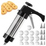 Hendiy Cookie Press, Cookie Press Gun Kit Stainless Steel Spritz Cookies Presses Set with 13 Cookies Discs and 8 Piping Tips