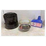 Organizer, safety glasses, magnet bowl and funnel