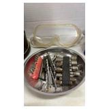 Organizer, safety glasses, magnet bowl and funnel