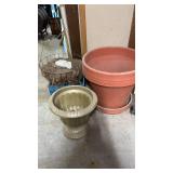 Large plastic planters with bottoms, gold plastic planter, milk crate and hanging basket
