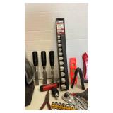 Tool pouch, chisels, socket set and more