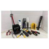 Auto Leveling Laser, Basin Wrench, Kobalt Utility Scissor Knife, and miscellaneous hand tools