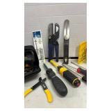Auto Leveling Laser, Basin Wrench, Kobalt Utility Scissor Knife, and miscellaneous hand tools
