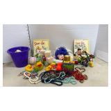 Two Dear God books, baby blocks and more toys