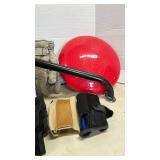Balancing Wobble Cushion. Box of Dry Wipes, Grab Bar and braces
