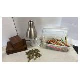 Tub of pencils, Desk lamp, hooks and two wooden boxes