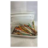 Tub of pencils, Desk lamp, hooks and two wooden boxes