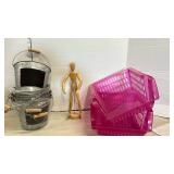Two pink stackable organizers, Gestalta Artist Figure and 6 small galvanized buckets with chalk board fronts