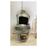 Two pink stackable organizers, Gestalta Artist Figure and 6 small galvanized buckets with chalk board fronts