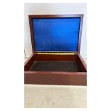Lined wooden box 15 1/2 x 11 1/2 x 4 and smaller wooden box 4 x 8 1/2 x 11 broken latch
