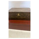 Lined wooden box 15 1/2 x 11 1/2 x 4 and smaller wooden box 4 x 8 1/2 x 11 broken latch