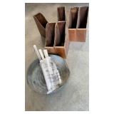 Wooden organizers, plastic tubes and metal basin