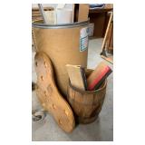 17 inch wooden  barrel, 33 inch cardboard bin with misc wood, rubber trim and more