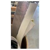 17 inch wooden  barrel, 33 inch cardboard bin with misc wood, rubber trim and more