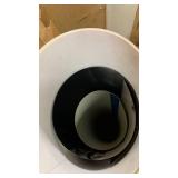 17 inch wooden  barrel, 33 inch cardboard bin with misc wood, rubber trim and more