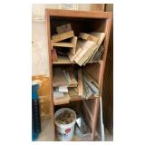 Wooden shelving unit filled with misc wood 64x21x25